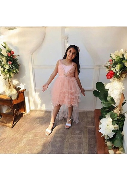 Kemer Tokalı Kuyruklu Kız Çocuk Abiye Elbise 5-10 Yaş