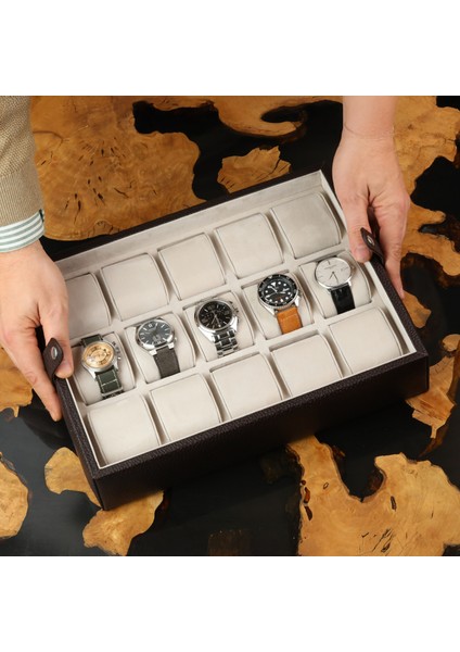 Koyu Kahve Deri Saat Kutusu 15'li Saat Koleksiyon Kutusu