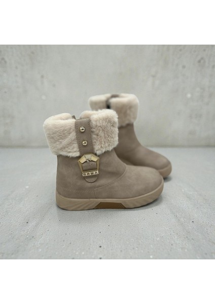 Kız Çocuk Tüy Detaylı Tokalı Kaymaz Taban Bej Bot