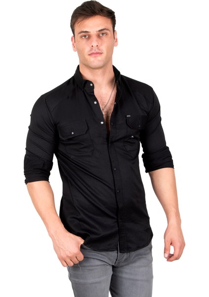 Erkek Siyah Slim Fit Dar Kesim Pamuklu Spor Gömlek Çıtçıtlı Likralı Gabardin Gömlek 2300421