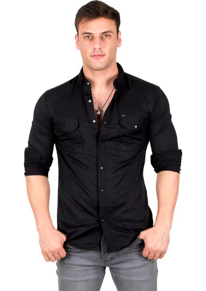 Erkek Siyah Slim Fit Dar Kesim Pamuklu Spor Gömlek Çıtçıtlı Likralı Gabardin Gömlek 2300421 fiyatları