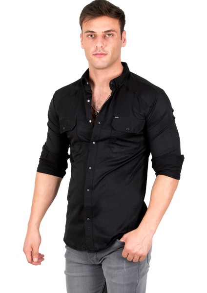 Erkek Siyah Slim Fit Dar Kesim Pamuklu Spor Gömlek Çıtçıtlı Likralı Gabardin Gömlek 2300421 fırsatları