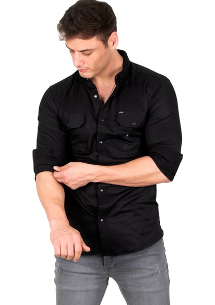 Erkek Siyah Slim Fit Dar Kesim Pamuklu Spor Gömlek Çıtçıtlı Likralı Gabardin Gömlek 2300421 indirimleri
