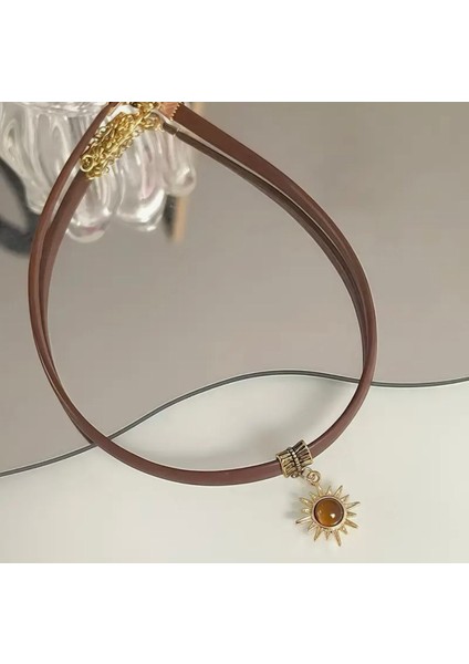 Kadın Choker Kolye Güneş Figürlü Kahverengi Deri Kolye