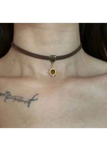 Kadın Choker Kolye Güneş Figürlü Kahverengi Deri Kolye fiyatları