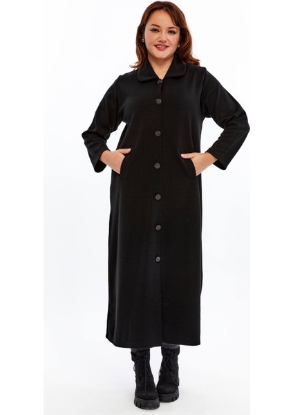 Triko Büyük Beden Tesettür Orta Kalın Çelik Örgü Anne Siyah Uzun Hırka Pardösü