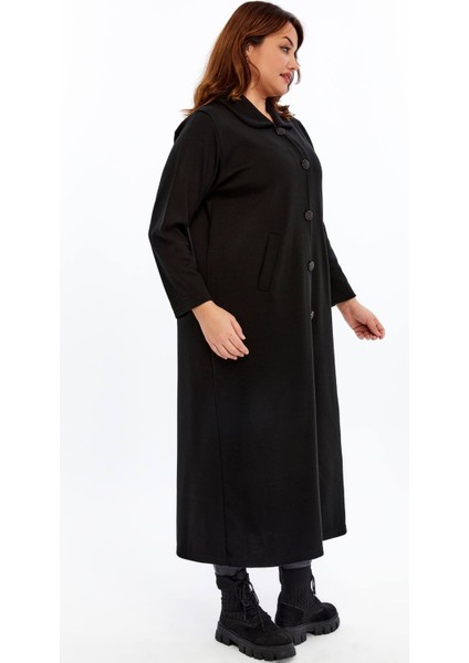 Triko Büyük Beden Tesettür Orta Kalın Çelik Örgü Anne Siyah Uzun Hırka Pardösü
