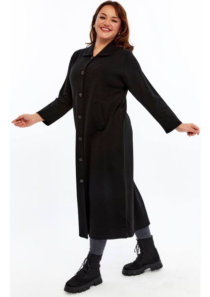 Triko Büyük Beden Tesettür Orta Kalın Çelik Örgü Anne Siyah Uzun Hırka Pardösü