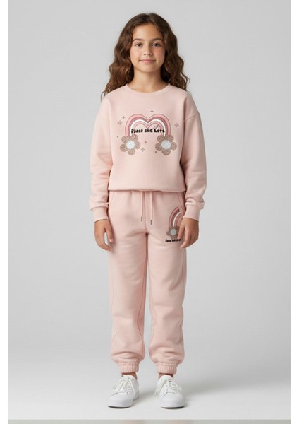 Kız Çocuk Kışlık 6 - 9 Yaş Gökkuşağı Baskılı Içi Polarlı Yumuşak Takım - 6264360