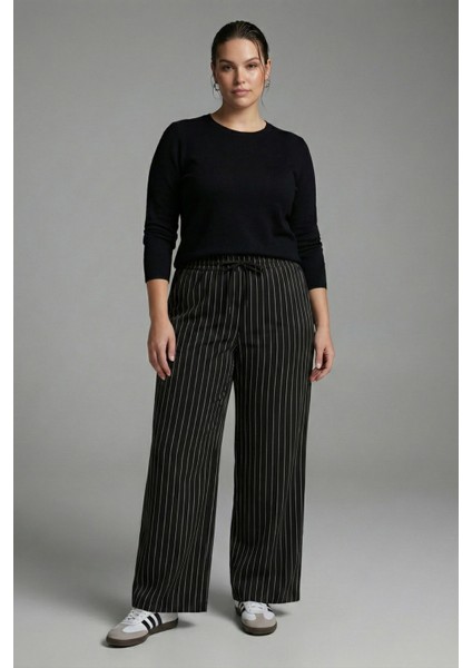 Büyük Beden Çizgili Krep Kumaş Bağcıklı Pantolon