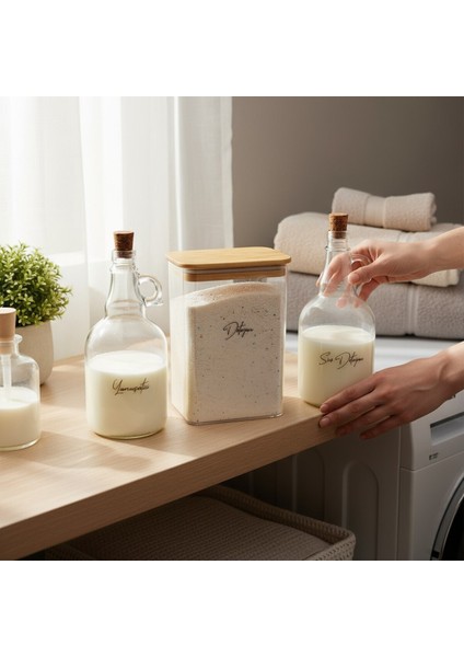 Ahşap Kapaklı Deterjan ve Sıvı Temizlik Şişesi 2000ML ve 1000ML, Beyaz Renk