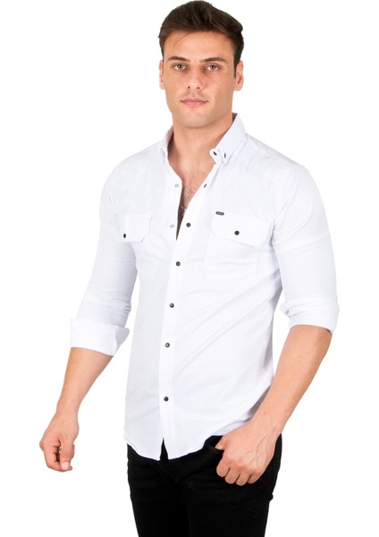 Erkek Beyaz Slim Fit Dar Kesim Pamuklu Spor Gömlek Çıtçıtlı Likralı Gabardin Gömlek 2300421