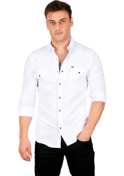 Erkek Beyaz Slim Fit Dar Kesim Pamuklu Spor Gömlek Çıtçıtlı Likralı Gabardin Gömlek 2300421 fiyatları