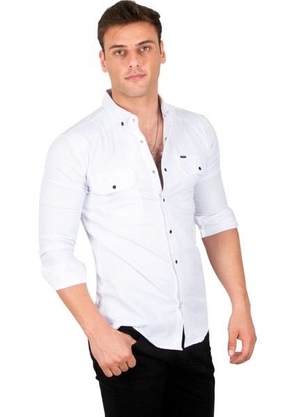 Erkek Beyaz Slim Fit Dar Kesim Pamuklu Spor Gömlek Çıtçıtlı Likralı Gabardin Gömlek 2300421 fırsatları