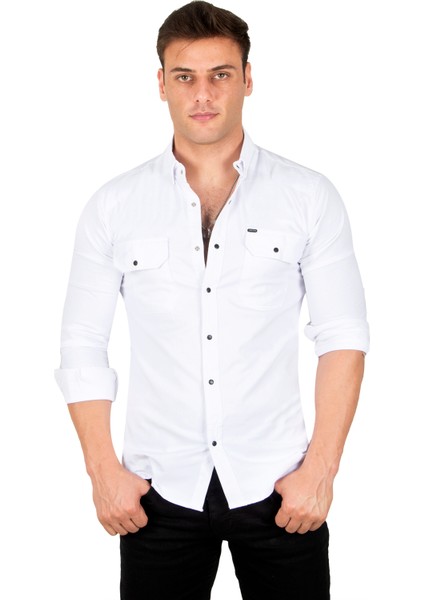 Erkek Beyaz Slim Fit Dar Kesim Pamuklu Spor Gömlek Çıtçıtlı Likralı Gabardin Gömlek 2300421 indirimleri