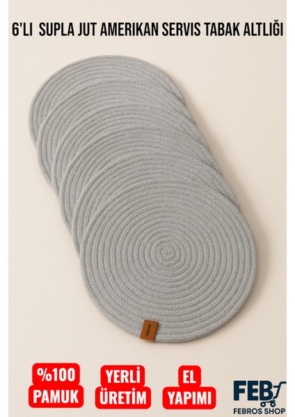 6'lı Jut Supla Amerikan Servis Takımı – %100 Pamuk, El Yapımı, Kaymaz Yuvarlak Tabak Altlığı