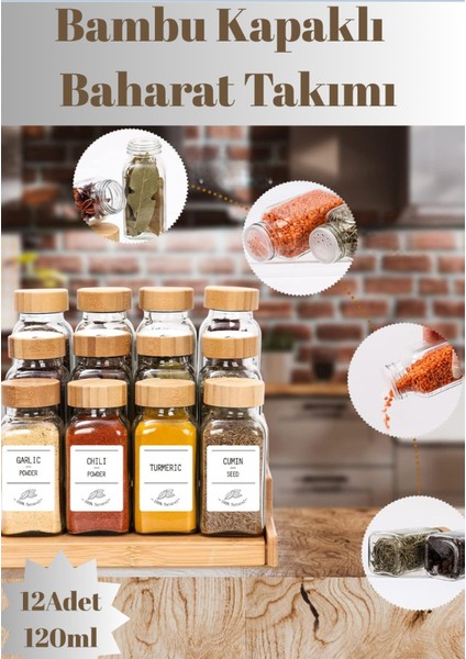 12'li Set Bambu Kapaklı Kare Cam Baharatlık Takımı Etiket Hediyeli