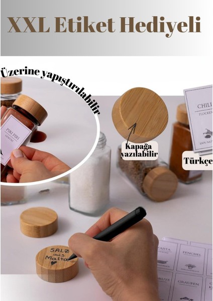 12'li Set Bambu Kapaklı Kare Cam Baharatlık Takımı Etiket Hediyeli modelleri