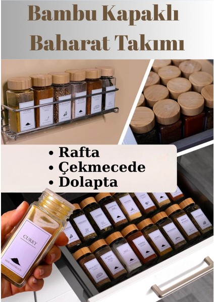12'li Set Bambu Kapaklı Kare Cam Baharatlık Takımı Etiket Hediyeli