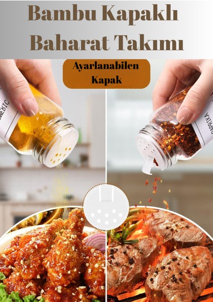 12'li Set Bambu Kapaklı Kare Cam Baharatlık Takımı Etiket Hediyeli