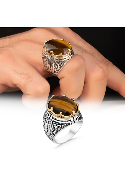 Kaplan Gözü Taşlı 925 Ayar Erkek Gümüş Yüzük