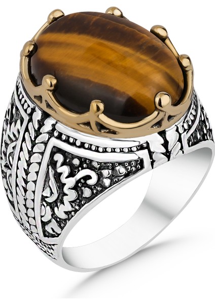 Kaplan Gözü Taşlı 925 Ayar Erkek Gümüş Yüzük fiyatları