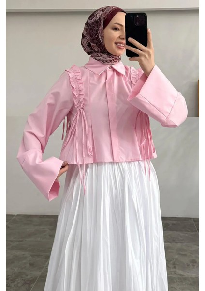 Omuzdan Bağlamalı Fırfır Detaylı Gömlek- Pembe