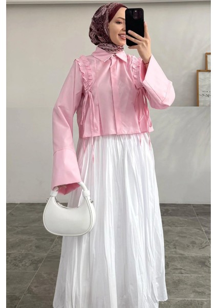 Omuzdan Bağlamalı Fırfır Detaylı Gömlek- Pembe fiyatları