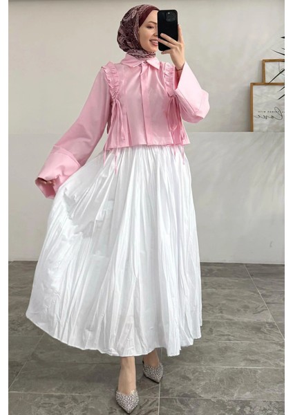 Omuzdan Bağlamalı Fırfır Detaylı Gömlek- Pembe modelleri