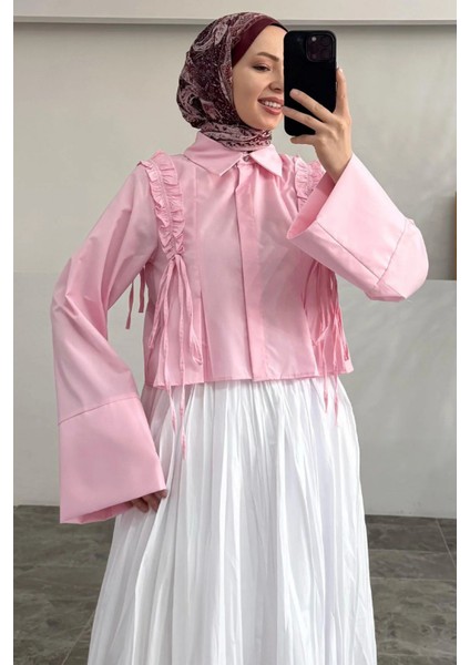 Omuzdan Bağlamalı Fırfır Detaylı Gömlek- Pembe fırsatları
