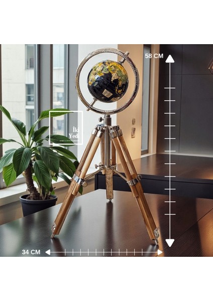 Rostova Tripod Ayaklı Dekoratif Dünya Küresi – 58 cm Siyah Küre Ahşap Ayaklı Aksesuar Ofis Hediyesi