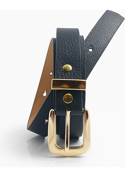 Kadın Lacivert Suni Deri Kemer - Altın Tokalı Şık Kemer