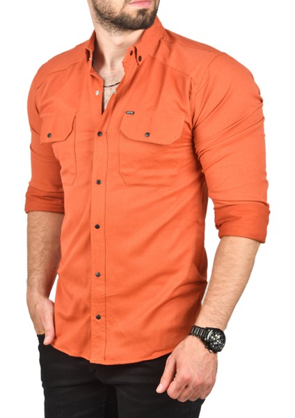 Erkek Kiremit Slim Fit Dar Kesim Pamuklu Spor Gömlek Çıtçıtlı Likralı Gabardin Gömlek 2300421