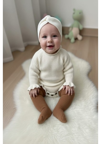Dikişsiz Selanik Örgü Sosis Yaka Fırfırlı Kız Bebek Triko Body Kazak & Saç Bandı Ikili Takım