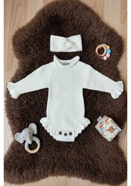 Dikişsiz Selanik Örgü Sosis Yaka Fırfırlı Kız Bebek Triko Body Kazak & Saç Bandı Ikili Takım