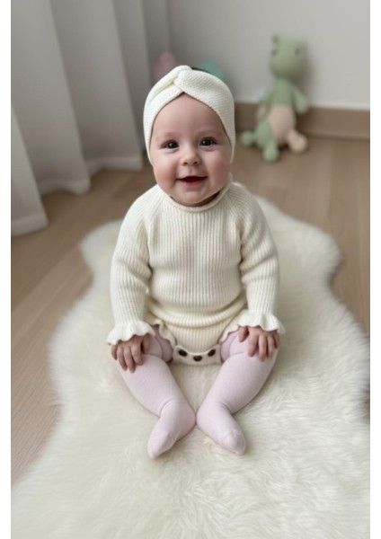 Dikişsiz Selanik Örgü Sosis Yaka Fırfırlı Kız Bebek Triko Body Kazak & Saç Bandı Ikili Takım