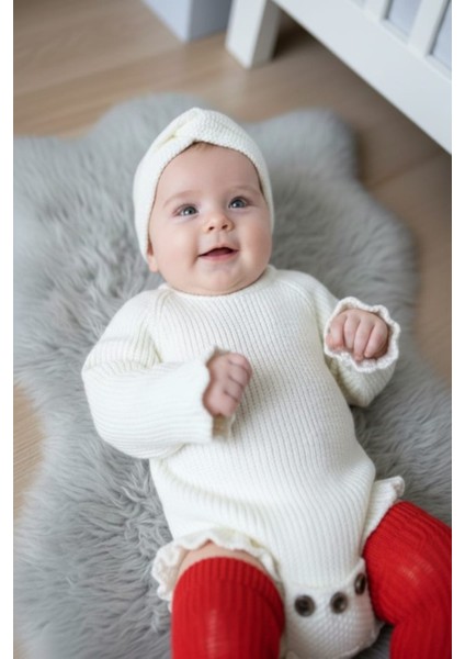 Dikişsiz Selanik Örgü Sosis Yaka Fırfırlı Kız Bebek Triko Body Kazak & Saç Bandı Ikili Takım