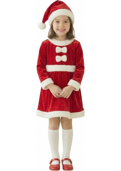 Kadife Kumaş Fiyonklu Noel Anne Kostümü