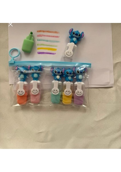 Stitch Figürlü Sevimli Mini Fosforlu Kalem Seti (6’lı) – Şeffaf Taşıma Çantalı