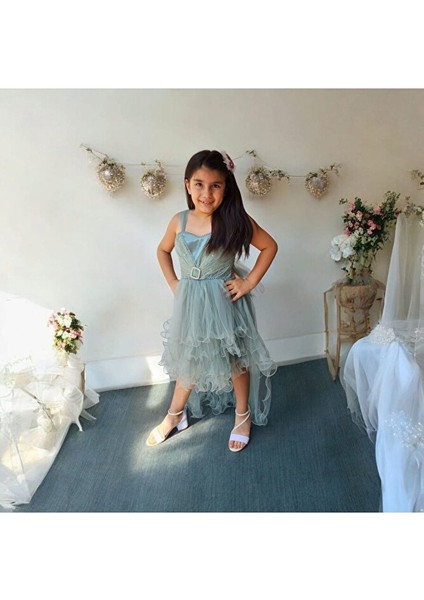 Kemer Tokalı Kuyruklu Kız Çocuk Abiye Elbise 5-10 Yaş