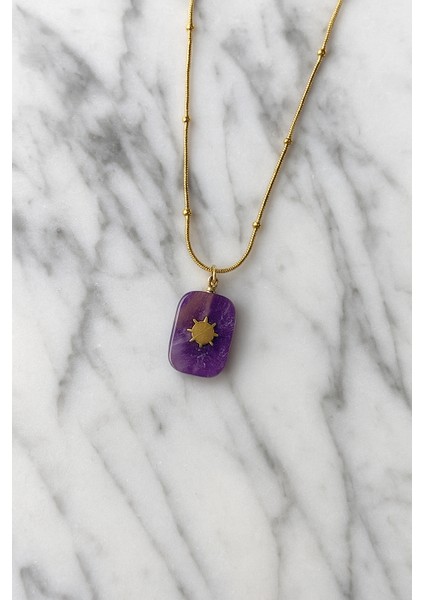 Güneş Detaylı Mor Doğal Taşlı Çelik Kolye modelleri