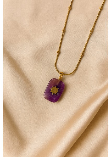 Güneş Detaylı Mor Doğal Taşlı Çelik Kolye fırsatları