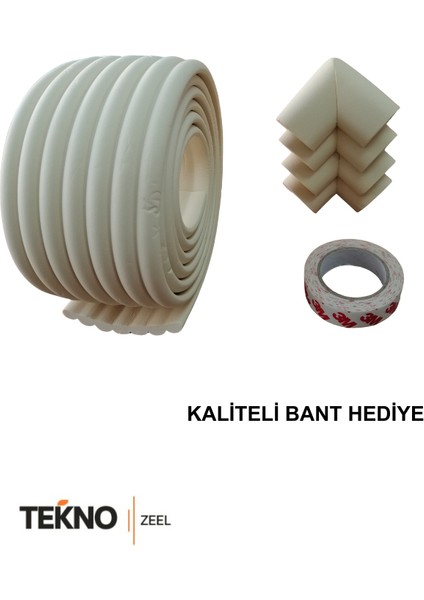 Krem Renk Geniş Kenar ve 4 Adet Köşe Koruyucu 2 Metre Bebek Çocuk Masa Kenar Koruyucu