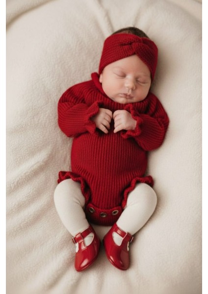 Dikişsiz Selanik Örgü Sosis Yaka Fırfırlı Kız Bebek Triko Body Kazak & Saç Bandı Ikili Takım