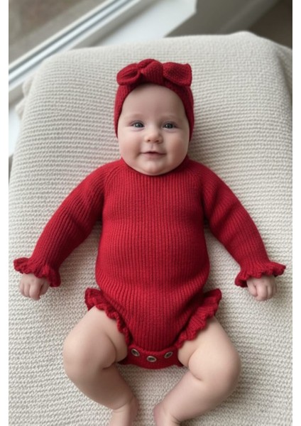 Dikişsiz Selanik Örgü Sosis Yaka Fırfırlı Kız Bebek Triko Body Kazak & Saç Bandı Ikili Takım fırsatları