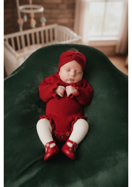 Dikişsiz Selanik Örgü Sosis Yaka Fırfırlı Kız Bebek Triko Body Kazak & Saç Bandı Ikili Takım