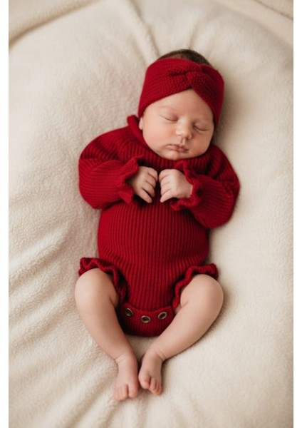 Dikişsiz Selanik Örgü Sosis Yaka Fırfırlı Kız Bebek Triko Body Kazak & Saç Bandı Ikili Takım