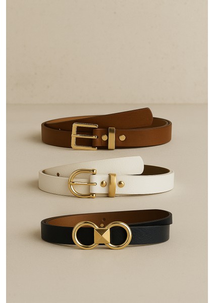 3'lü Kadın Suni Deri Kemer - Altın Tokalı Şık Kemer