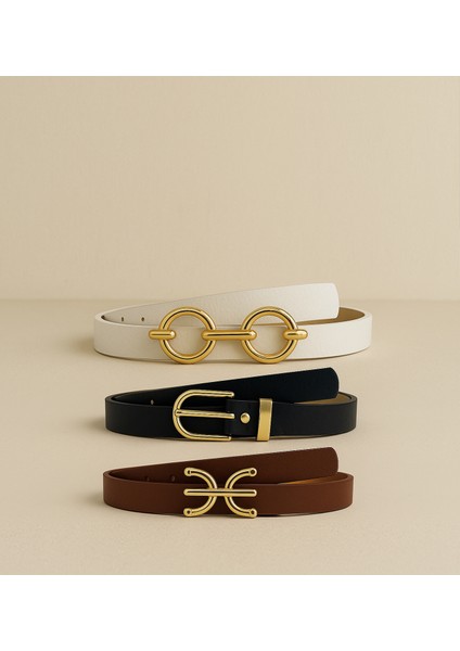 3'lü Kadın Suni Deri Kemer - Altın Tokalı Şık Kemer