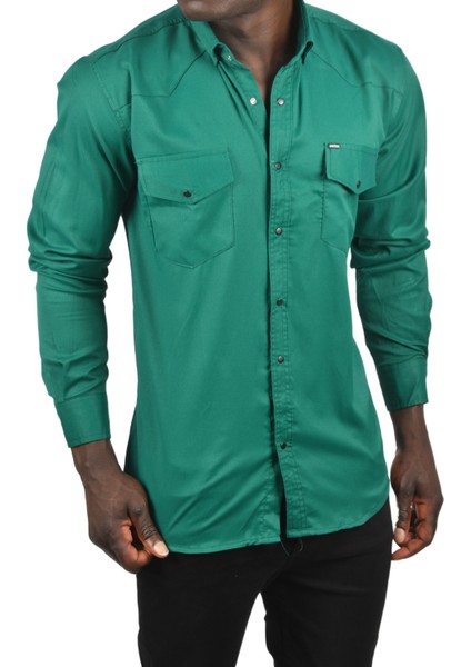 Erkek Yeşil Slim Fit Dar Kesim Pamuklu Spor Gömlek Çıtçıtlı Likralı Gabardin Gömlek 2300421